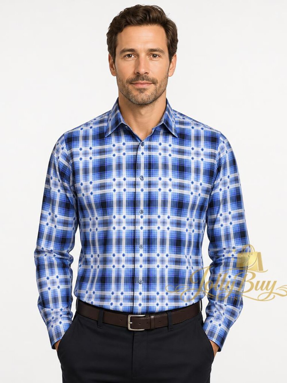 Bugatchi Men’s Shirt Long Sleeve Woven Cotton Blue Sky Plaid Print Size M